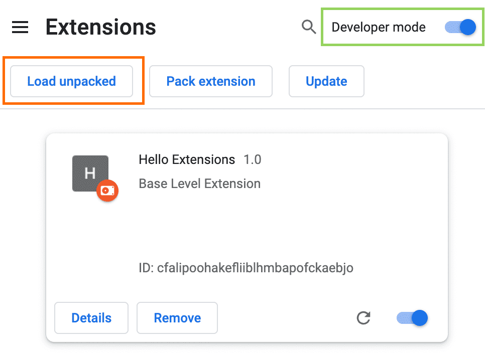 Страница расширений Chrome: режим разработчика и кнопка Load unpacked